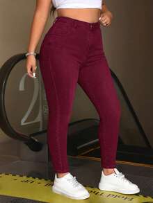 SHEIN ICON Plus Size Women High Waist Pockets Skinny Casual Versatile Jeans - Burgundy - View 3