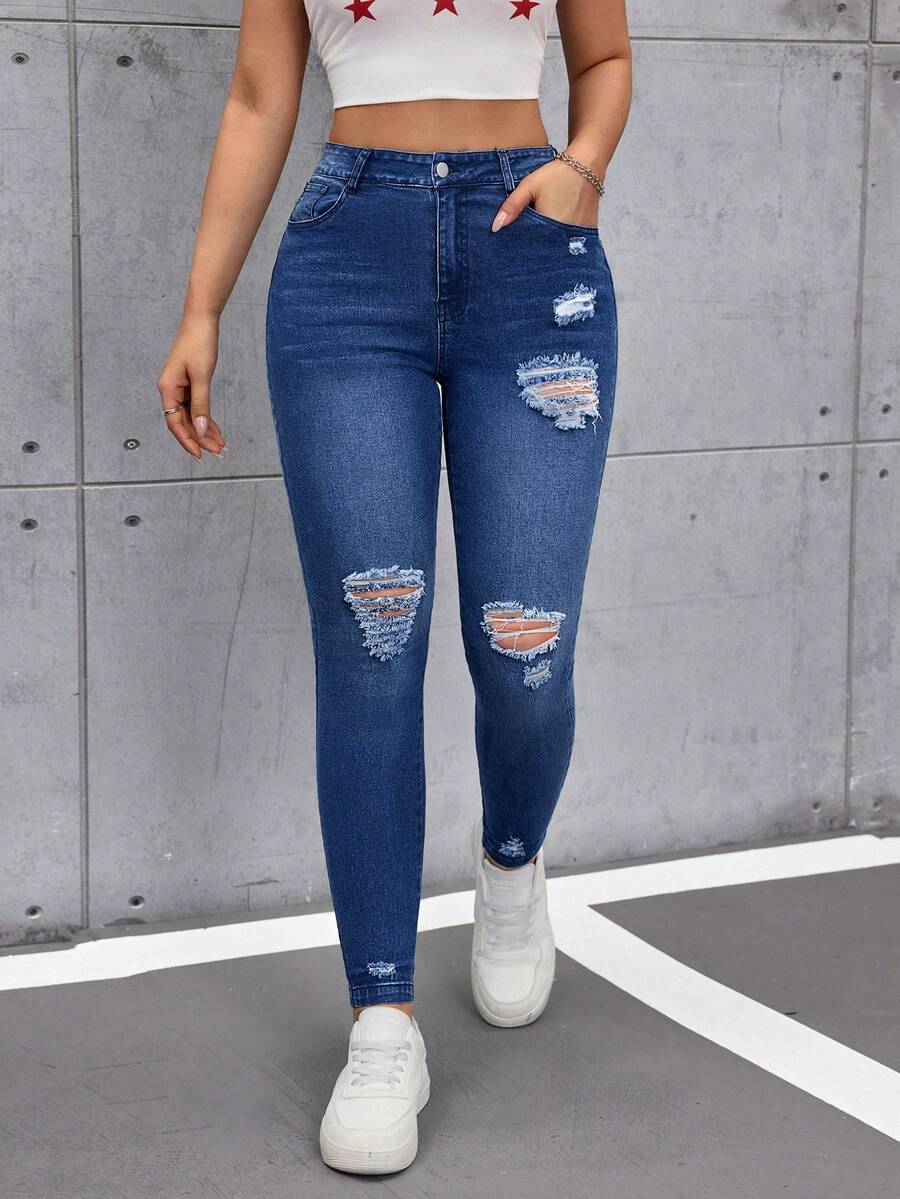 SHEIN Tall Quần jeans nữ dáng ôm, rách, có túi, phong cách thường ngày, đa năng. - Rửa tối - Xem 1