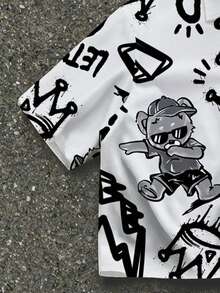 Manfinity ZONE917 Áo sơ mi tay ngắn dáng rộng, màu đen, in hình vương miện và tia sét theo phong cách graffiti, kiểu dáng oversized, rất phù hợp cho các buổi hẹn hò và tụ họp, món quà tuyệt vời dành cho bạn trai. - Nhiều màu - Xem 4