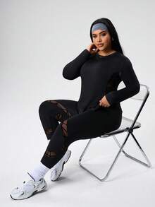 Rhythm Era Bộ đồ thể thao 2 món cỡ lớn, màu trơn, cổ tròn, tay dài, thoải mái, thoáng khí, thường ngày. - màu đen - Xem 3