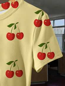 女士樱桃印花黄色圆领休闲短袖T恤 - 黃色 - 查看 3