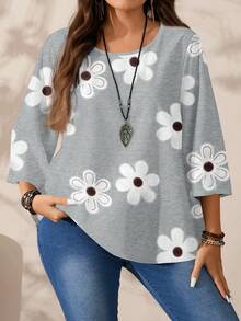 EMERY ROSE Plus Size Women Floral Print Casual Loose Fit 3/4 Sleeve Shirt, Suitable For Spring/Summer Spring - Multicolor - View 1