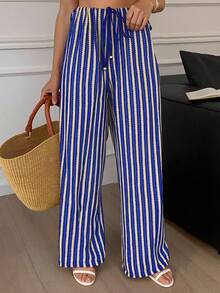 Swim Vcay Women's Summer New Wide Leg Pants, Blue & White Striped Fabric, Elastic High Waist Drawstring, Flared Leg Swimsuit Cover Up Pants - Blue and White - View 1