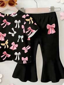 女婴彩色蝴蝶结印花短袖上衣和喇叭裤套装，2件套，时尚休闲装，适合春、夏、秋、冬四季日常穿着。