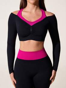 SHEIN Dewbera Bộ đồ thể thao nữ gồm áo dài tay và quần legging liền mạch phối màu tương phản, thích hợp cho yoga, tập luyện, thể dục, chạy bộ và mặc thường ngày. - Nhiều màu - Xem 3