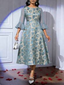 SHEIN Lady 女士圆领提花网纱拼接优雅收腰中长派对连衣裙 - 藍色 - 查看 3