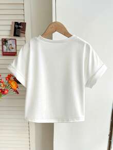 SHEIN 女童休闲都市优雅修身宽松蝙蝠袖翻边水钻花卉装饰圆领T恤，白色 - 白色 - 查看 2