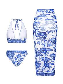 Swim Oasis 3pcs/Set Fashionable Print Design Swimsuit Set With Beach Cover-Up, Summer - Blue and White - View 8