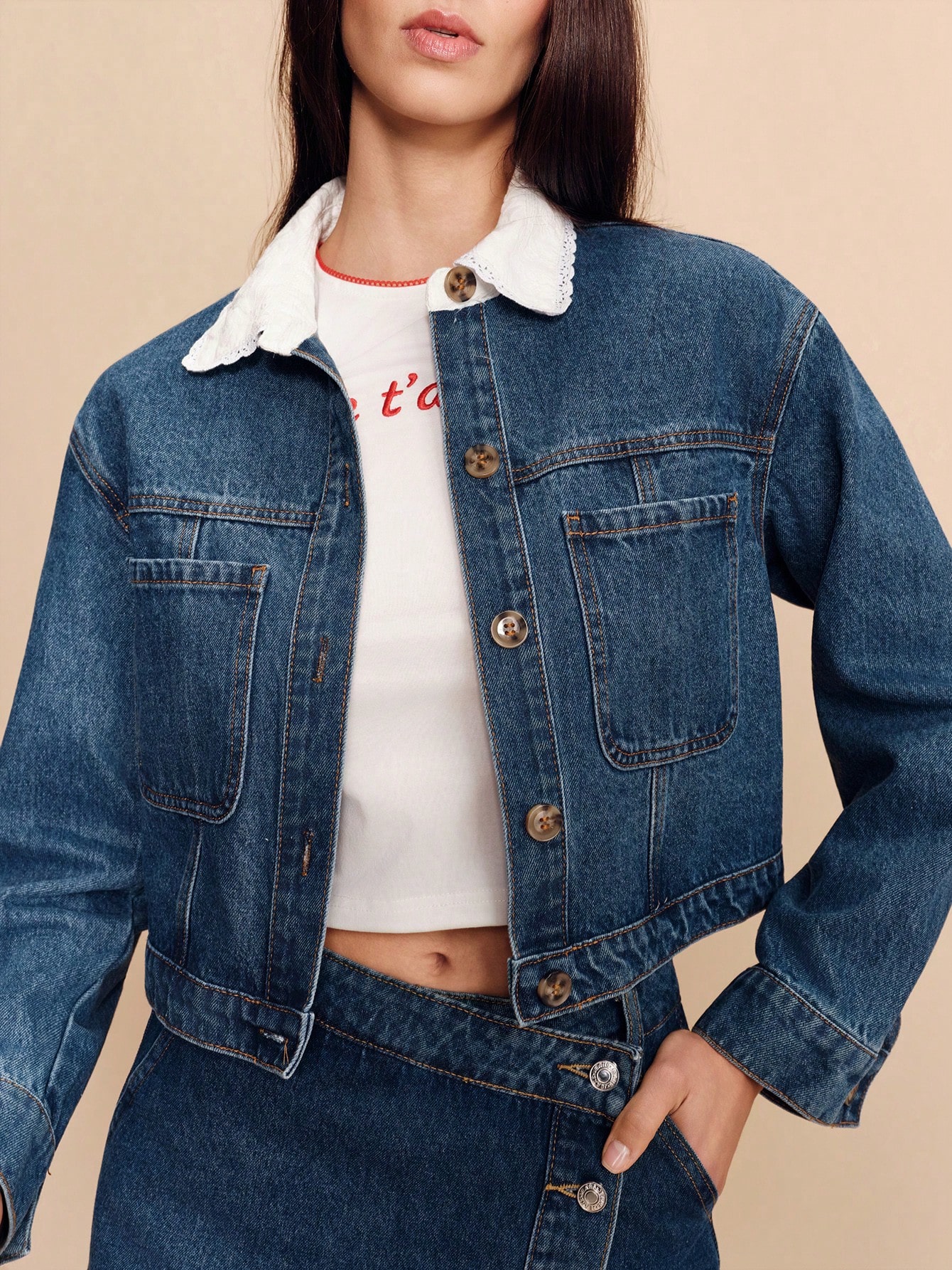 Veste courte en jean bleu avec col à bordure en dentelle blanche, style vintage mignon, style français, style parisien