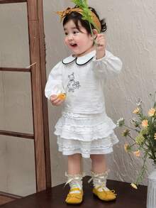 DAZY Toddler Girls' Peter Pan Collar Cartoon Embroidery Korean Style Long Sleeve Top - White - View 5