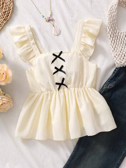 SHEIN 1件纯色喇叭袖蝴蝶结装饰腰部荷叶边下摆衬衫，优雅通勤风，质感度假衬衫