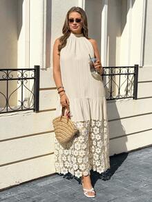 加大码无袖拼接连衣裙，杏色，花卉蕾丝饰边，适合度假和日常穿着 - 杏色 - 查看 4