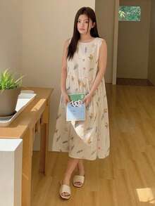 Dazy Plus Floral Print Cute Round Neck Long Nightgown, Spring/Summer Sleepwear - Apricot - View 7