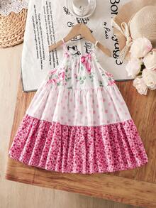 SHEIN Young Girls Pink Ditsy Floral Dress, Girls White Summer Party Ditsy Floral Contrast Color Polka Dot Spaghetti Strap Sleeveless Tiered Flowy Sundress - Pink - View 8
