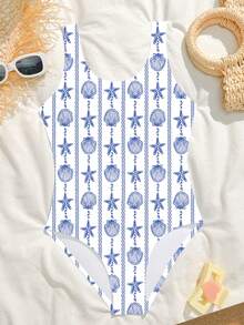 SHEIN 少女连体泳衣,可爱蓝色贝壳和海星条纹针织面料无袖连体裤,时尚优雅休闲,适合游泳、夏季度假、海滩、泳池、节日派对等场合。 - 白色 - 查看 4