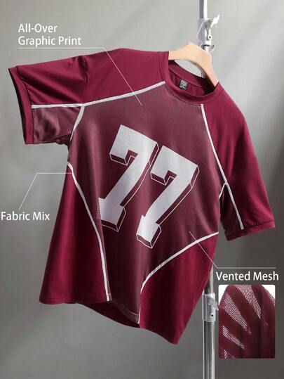 Aesthetic Post Men's Burgundy Sports Style White "77" Graphic Mesh Patchwork Short Sleeve Round Neck T-Shirt