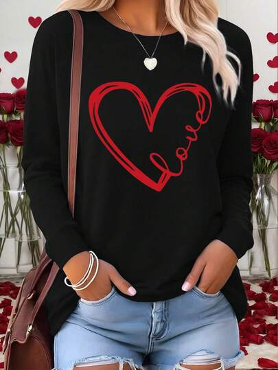 EMERY ROSE Camiseta de manga larga con cuello redondo y estampado de corazones para el Día de San Valentín, de estilo casual para mujer