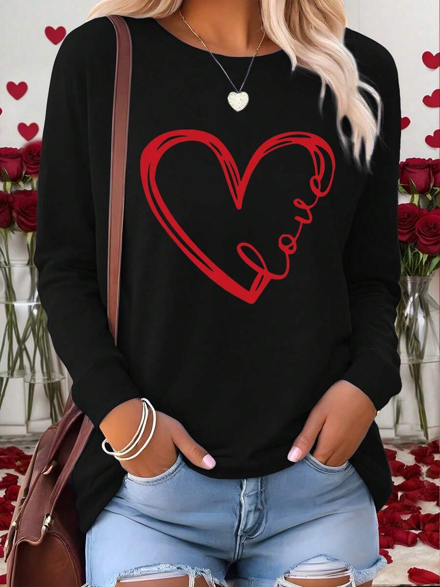 EMERY ROSE Camiseta de manga larga con cuello redondo y estampado de corazones para el Día de San Valentín, de estilo casual para mujer - Negro - Ver 1