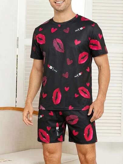 Velminro Men's Comfortable Lip Print Loungewear Short Sleeve T-Shirt & Shorts Lips Print Men's Loungewear Heart Print Shorts Set Men Pajama Set