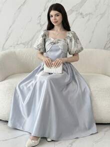 SHEIN 少女时尚优雅撞色短袖连衣裙 - 藍色 - 查看 2