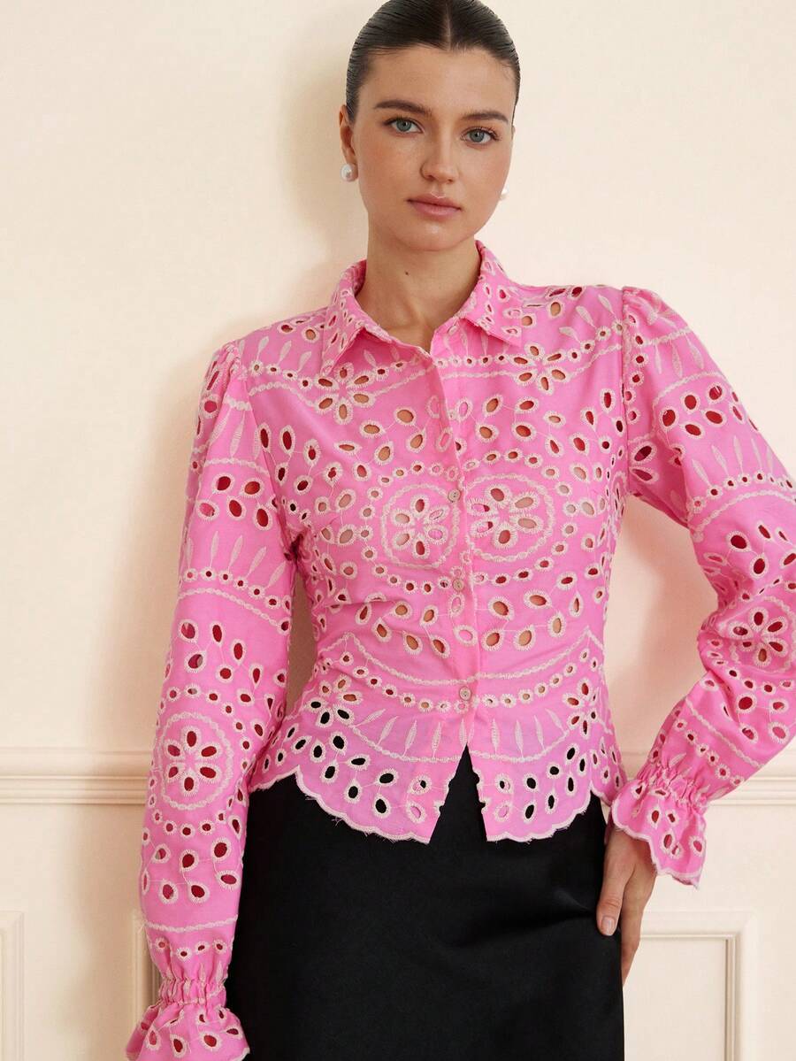 BELROSIE Blusa con diseño de cuello con bordado perforado y dobladillo con volantes, versátil para vacaciones y uso diario, estilo europeo - Rosa - Ver 1