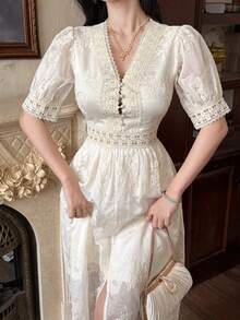 DAZY Elegant Embroidered V-Neck Lace Trim Cinched Waist Long Dress - Apricot - View 6