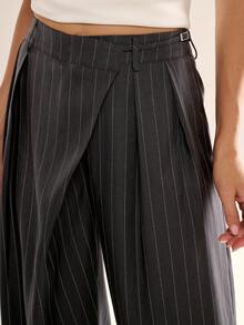 Avenya Women's Casual Everyday Office Commute Pleated Striped Print Loose Wide Leg Pants - Dark Grey - View 2
