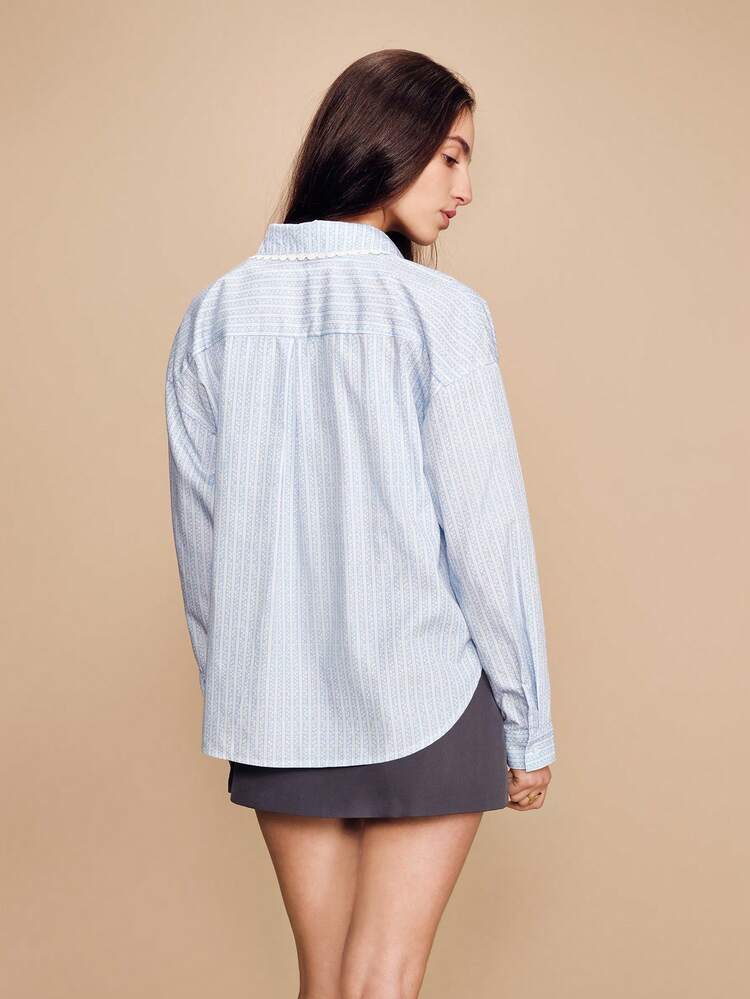 Light Blue Floral Striped Button-Up Shirt With Long Sleeves And Lace Trim Detail Spring Summer Style French Style Parisian Style