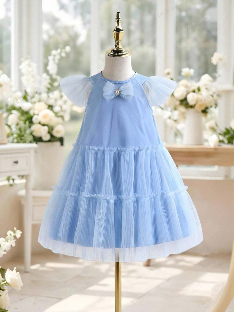 Girls Blue Mesh Dress, Layered Mesh Ruffled Hem, Sleeveless, Versatile For Casual, Party, Birthday, Holiday Wear, Spring/Summer New Arrival - Blue - View 1