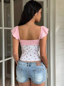 Sunnyshic 女士优雅休闲日常百搭时尚度假撞色褶皱花卉装饰泡泡袖短款T恤，春夏款 - 彩色 - 查看 2