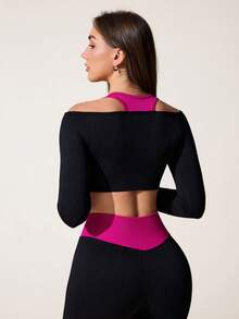 SHEIN Dewbera Bộ đồ thể thao nữ gồm áo dài tay và quần legging liền mạch phối màu tương phản, thích hợp cho yoga, tập luyện, thể dục, chạy bộ và mặc thường ngày. - Nhiều màu - Xem 2
