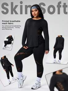 Rhythm Era Bộ đồ thể thao 2 món cỡ lớn, màu trơn, cổ tròn, tay dài, thoải mái, thoáng khí, thường ngày. - màu đen - Xem 1