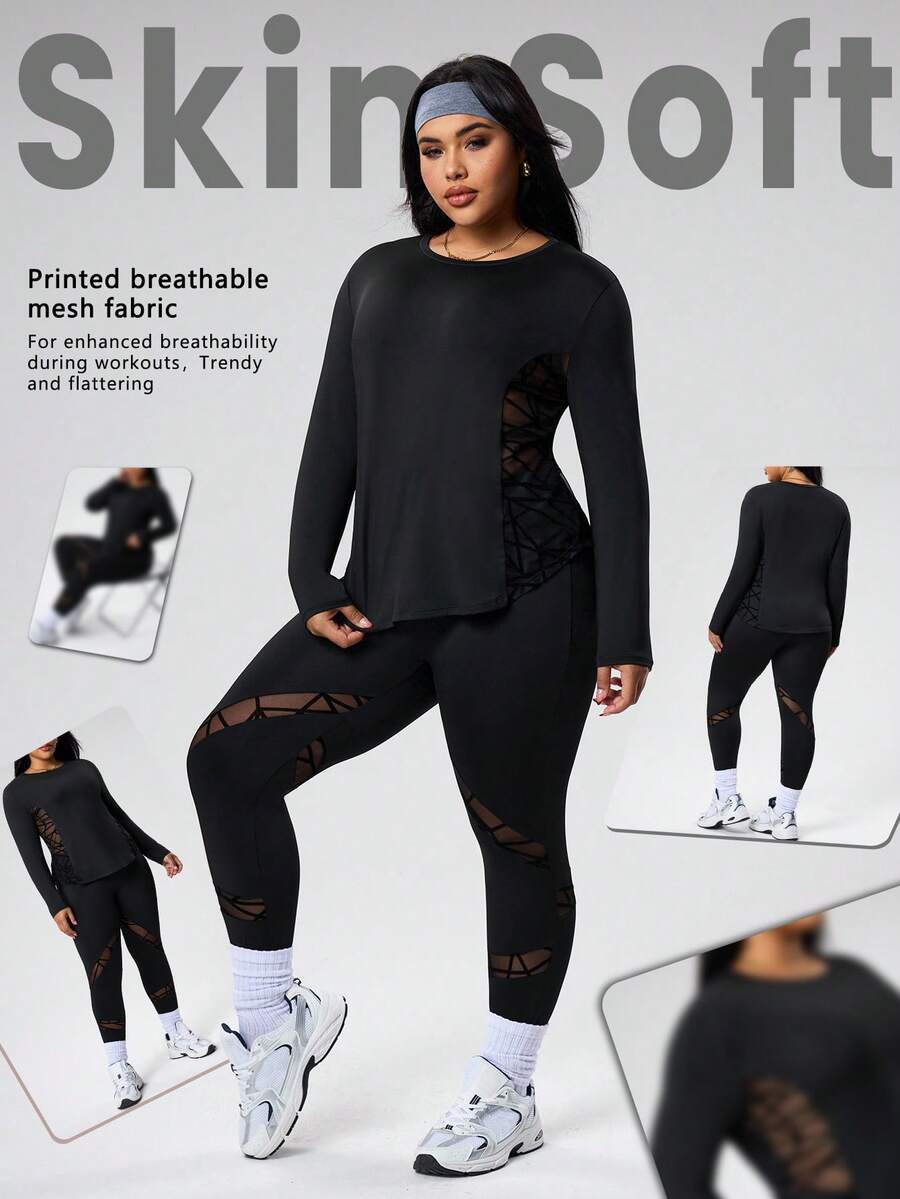 Rhythm Era Bộ đồ thể thao 2 món cỡ lớn, màu trơn, cổ tròn, tay dài, thoải mái, thoáng khí, thường ngày. - màu đen - Xem 1