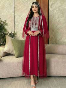 SHEIN 2pcs/Set Teen GirlOutfit, Knit Slit Cami Dress And Button-Up Cropped Jacket Set, Gray - Red - View 4