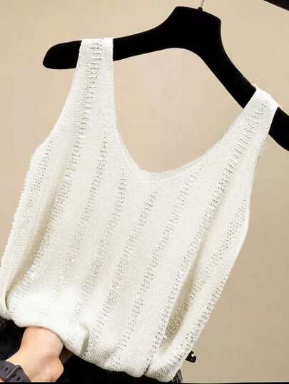 Nubod 2026 Plus Size Women's Fashionable Casual Minimalist Versatile V-Neck Sparkling Diamond Apricot Sweater Vest Suitable For Everyday Wear