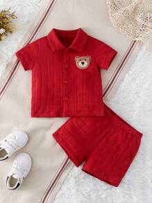 SHEIN 纹理衬衫和短裤街头时尚幼儿男童两件套 - 紅色 - 查看 3