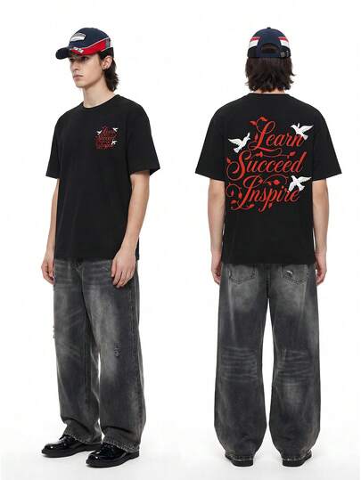 Manfinity Roghcode 1 pieza Camiseta de manga corta con gráfico oversize, camiseta de ajuste holgado, estampado interesante, color beige, estilo moderno y de moda, adecuado para público joven y de streetwear, uso casual, regalo para novio/vacaciones