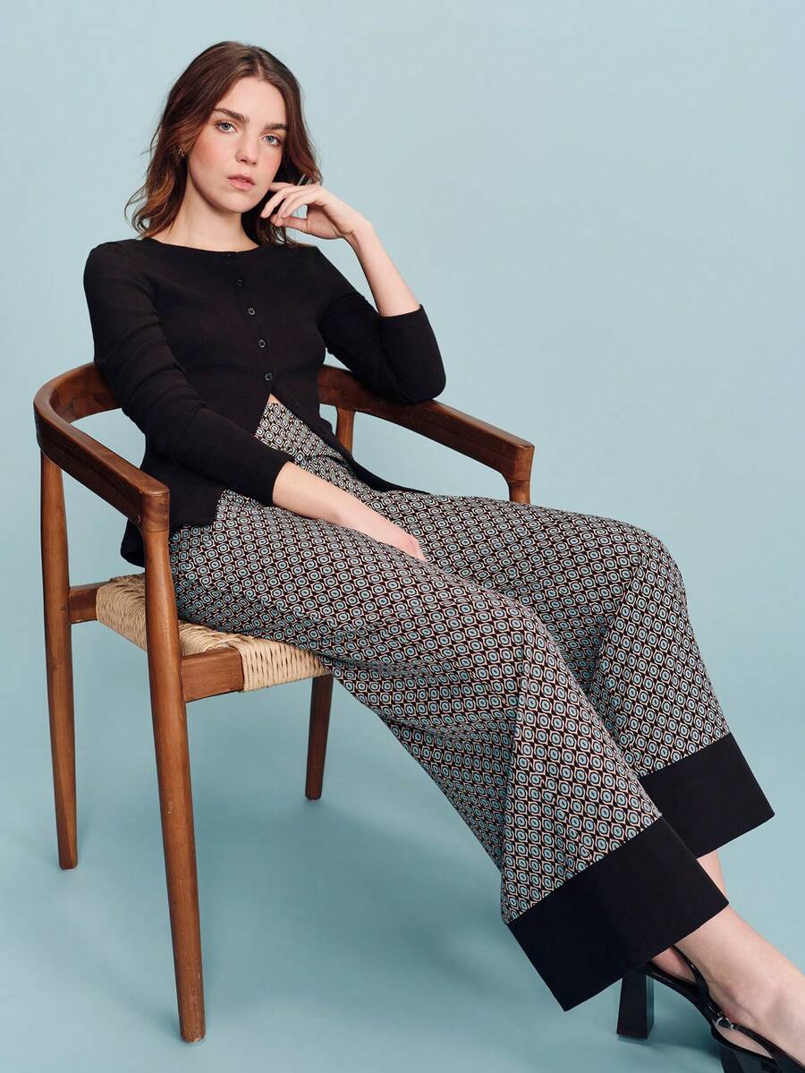 lacRébo 几何印花高腰阔腿裤，撞色裤脚细节，垂坠感面料，时尚百搭的春夏法式巴黎风长裤 - 彩色 - 查看 1