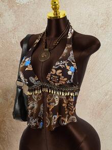 Zestiva Women's Bohemian Printed Beaded Pendant Fabric Tie-Up Halter Swimsuit Top, Summer