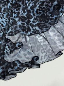 StreetHx 复古性感束腰长袖豹纹网纱撞色蕾丝露背迷你连衣裙，街头风，秋冬款 - 藍色 - 查看 7