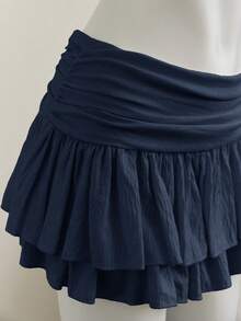 Elamini Chân váy xếp ly màu be, cạp cao, cạp thấp, hai lớp bằng vải chiffon, kiểu dáng váy đi nghỉ mát. - Màu xanh hải quân - Xem 4