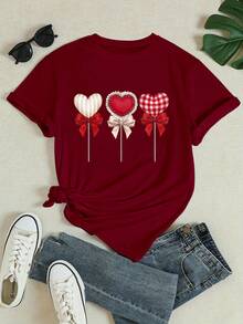 INAWLY T-shirt rond décontracté pour femmes, imprimé cœur et nœud, été - Rouge foncé - Voir 3