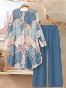 Rusticease 2pcs Women Loose Fit Round Neck Long Sleeve Top And Pants Set, Summer Outfit Spring - Multicolor - View 2