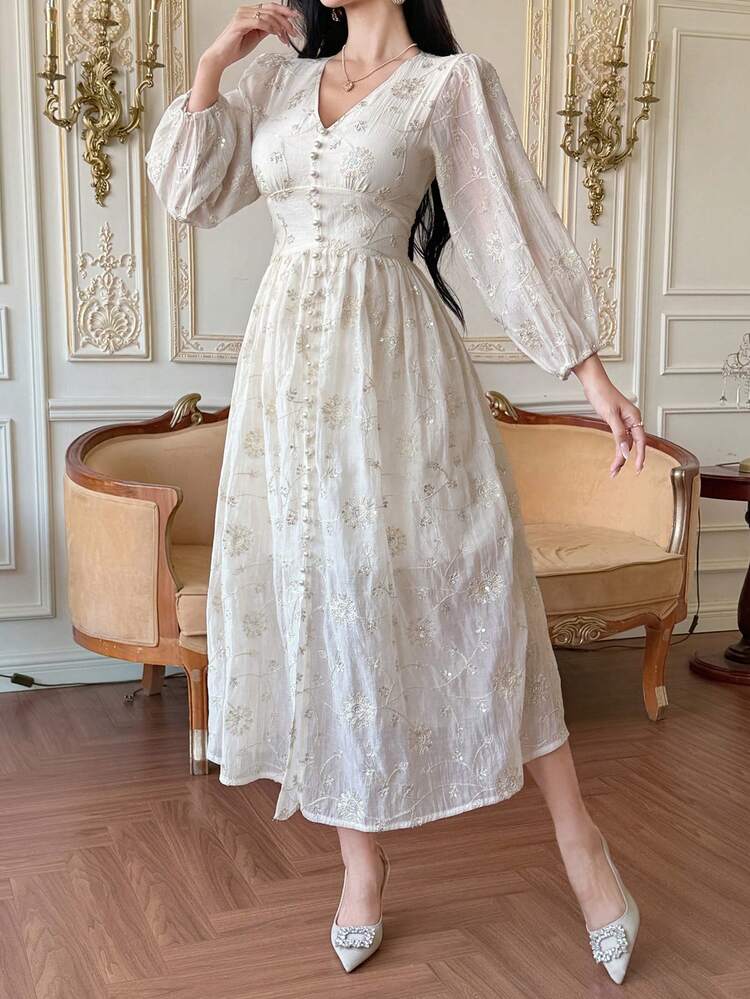 3D Beaded Cinched Waist Elegant Long Sleeve Dress For Women Sundress