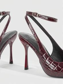 CUCCOO SZL Pointed Toe Stiletto High Heel Black Glossy Fabric Fashion Versatile Sexy Party Ankle Strap Women's High Heel Pumps, Women's Backless Pumps For Christmas - 7639 Stone pattern burgundy 96 - View 6