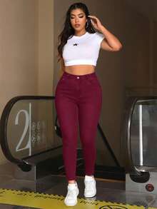 SHEIN ICON Plus Size Women High Waist Pockets Skinny Casual Versatile Jeans - Burgundy - View 4
