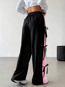 SHEIN EZwear 加大码黑色蝴蝶结松紧腰撞色直筒休闲运动裤，秋冬季 - 黑色 - 查看 2