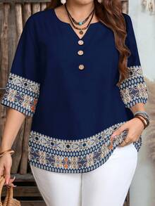 EMERY ROSE 大码波西米亚印花休闲衬衫，适合夏季穿着 - 彩色 - 查看 1