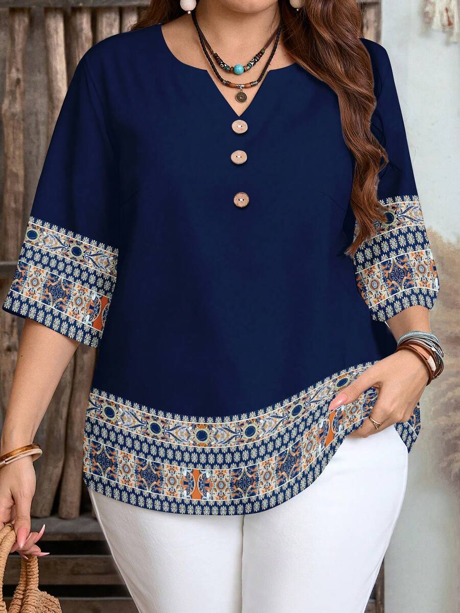 EMERY ROSE 大码波西米亚印花休闲衬衫，适合夏季穿着 - 彩色 - 查看 1