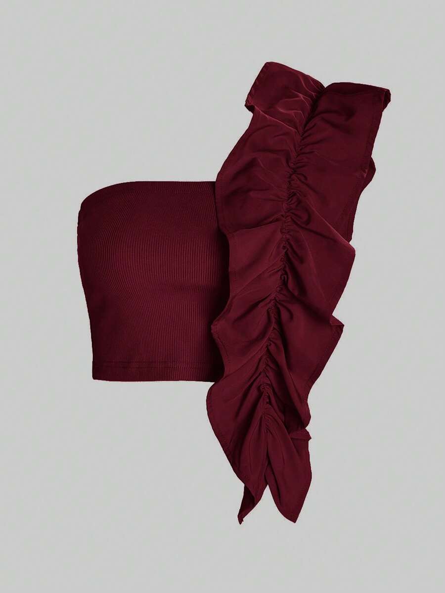 Aveloria Revavyn Áo croptop lệch vai xếp ly nhún bèo, kiểu dáng dễ thương và hài hước. - Đỏ - Xem 1